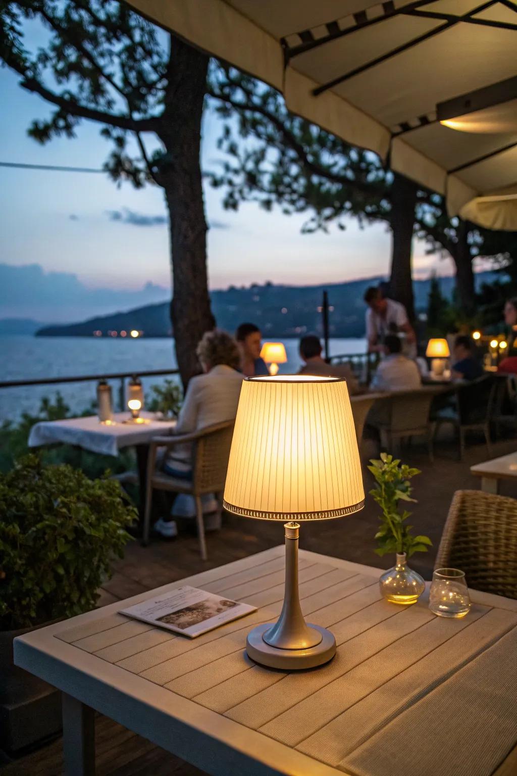 A cordless table lamp positioned on a restaurant outdoor seating table in an open-air environment.