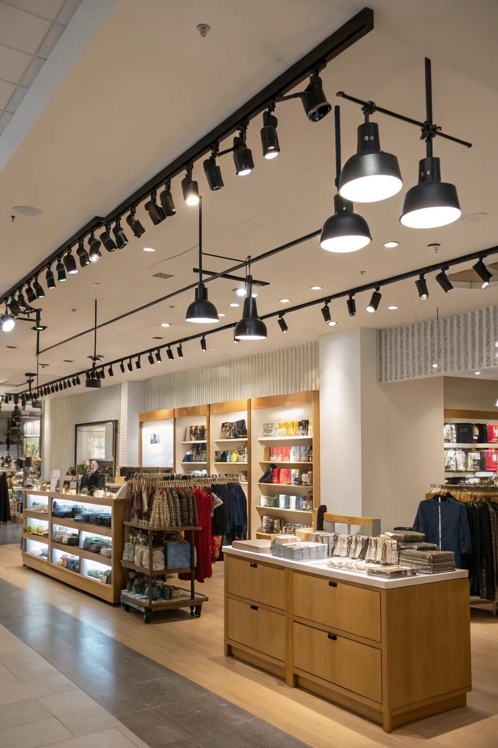 Track lighting offering flexibility in highlighting store areas.
