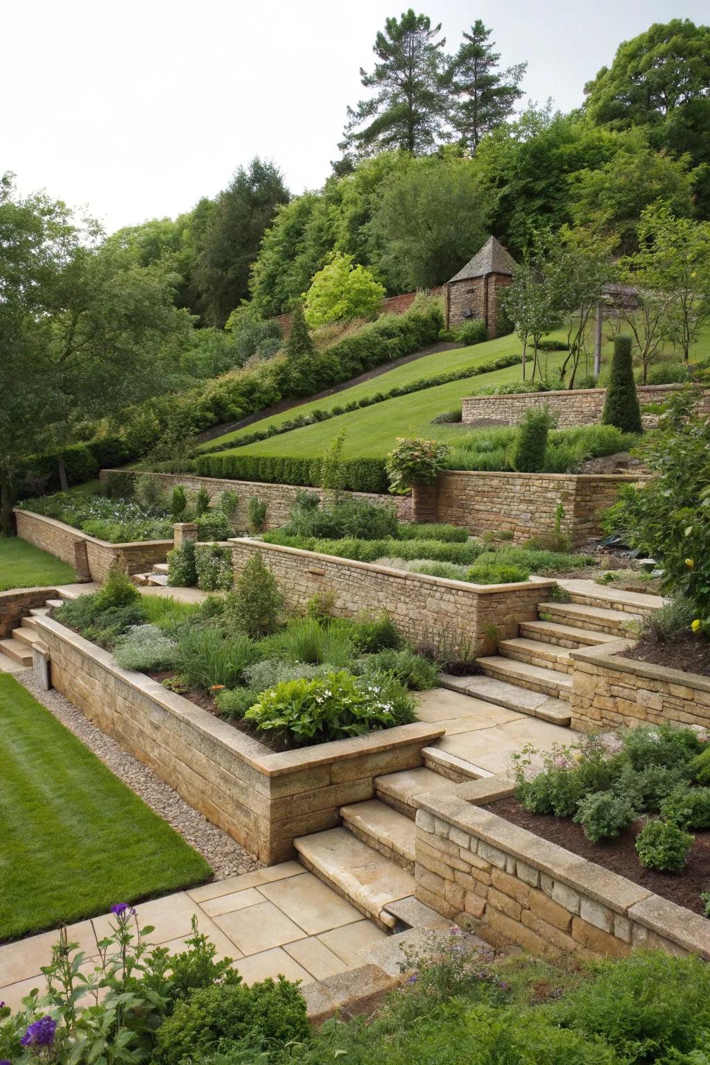 Sloping garden transformed into usable and attractive terraces with the help of landscape walls.