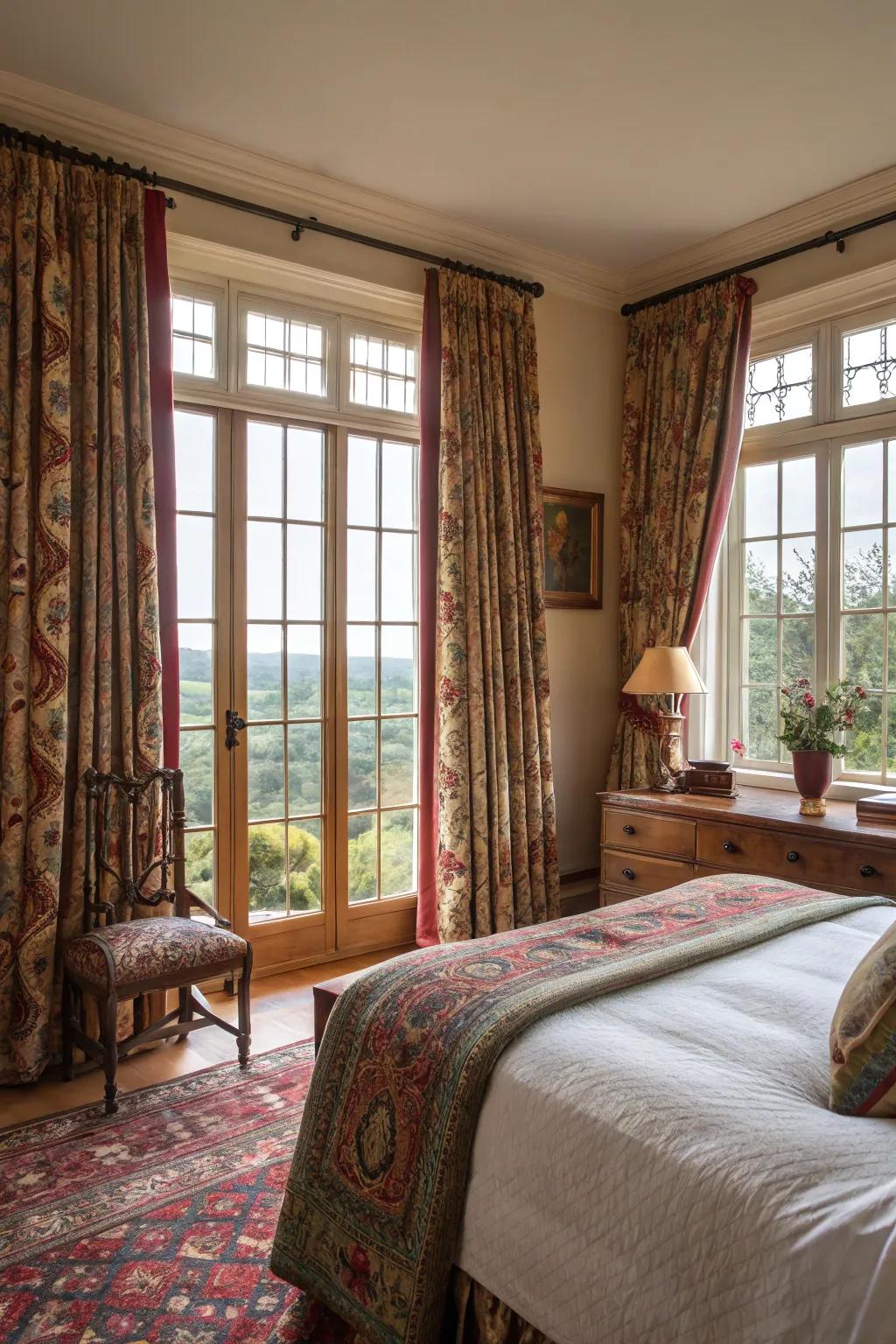 Patterned window coverings frame the scene with style.