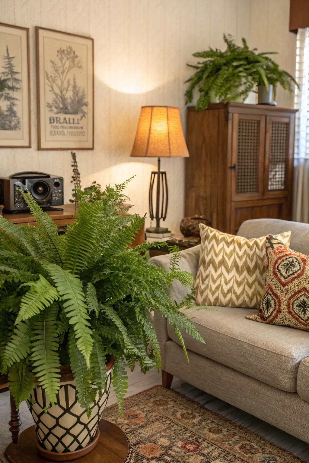 Indoor plants bring life to throwback decor.