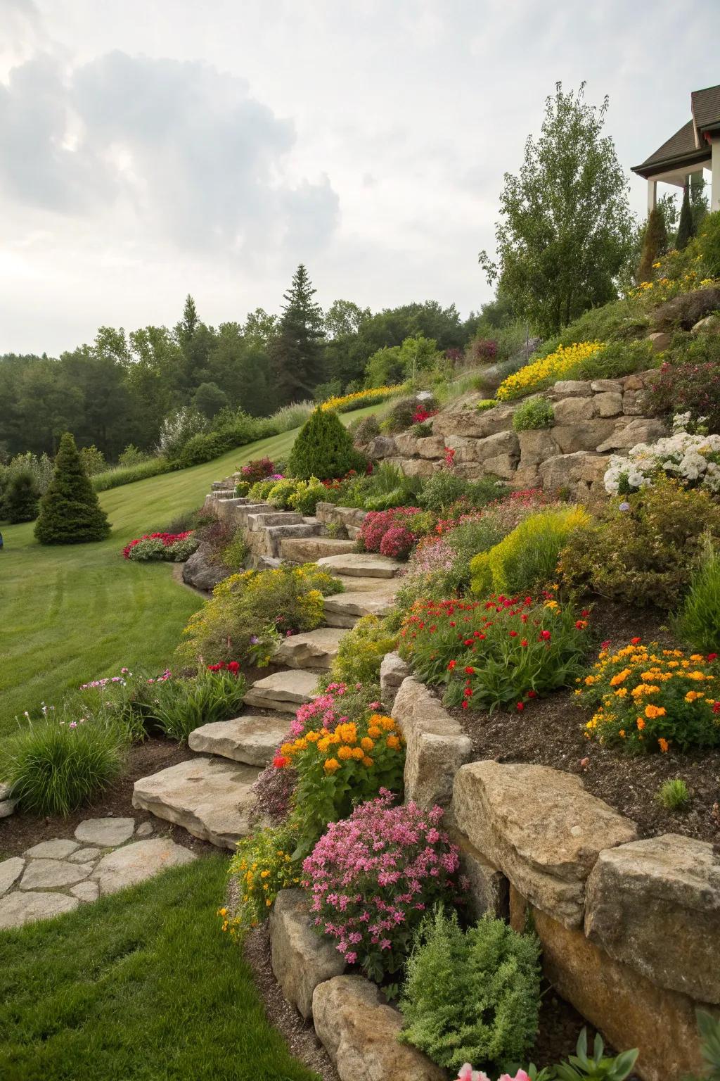 Reinforce inclines using beautiful stone layouts.