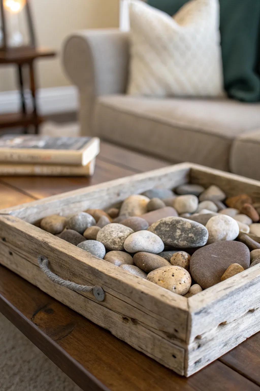 A country-style surface presenting stones on a coffee table