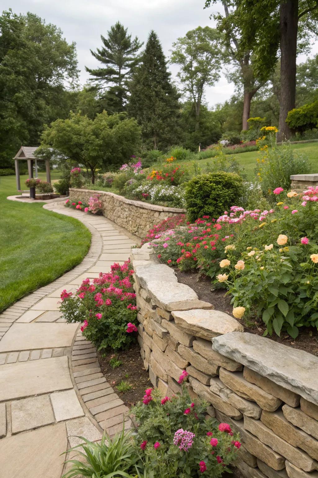 Stacked stones make a classy border around a lively garden bed.