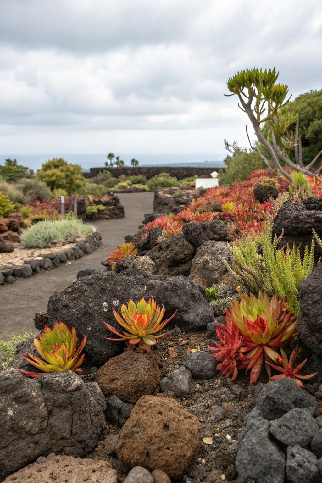 Volcanic stones paired with desert plants for noticeable contrast.
