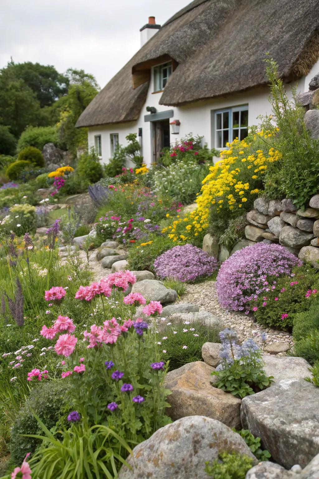 A blend of stones and flowers creates a picturesque home garden.