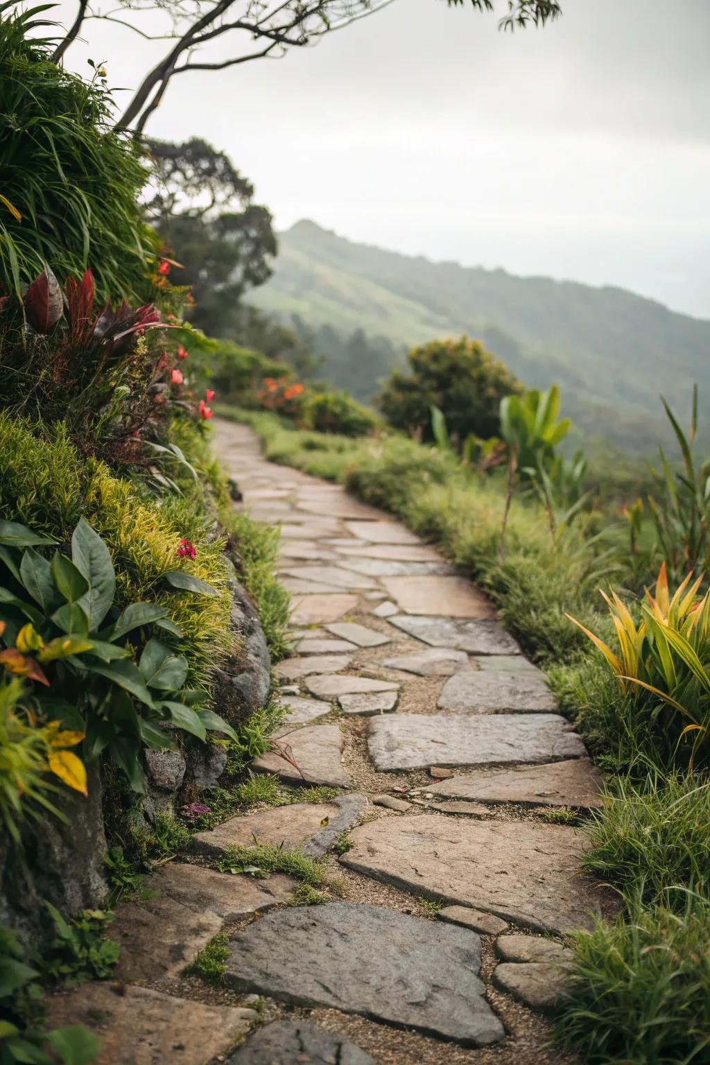 Plants alongside the walkway impart a verdant and inviting atmosphere.