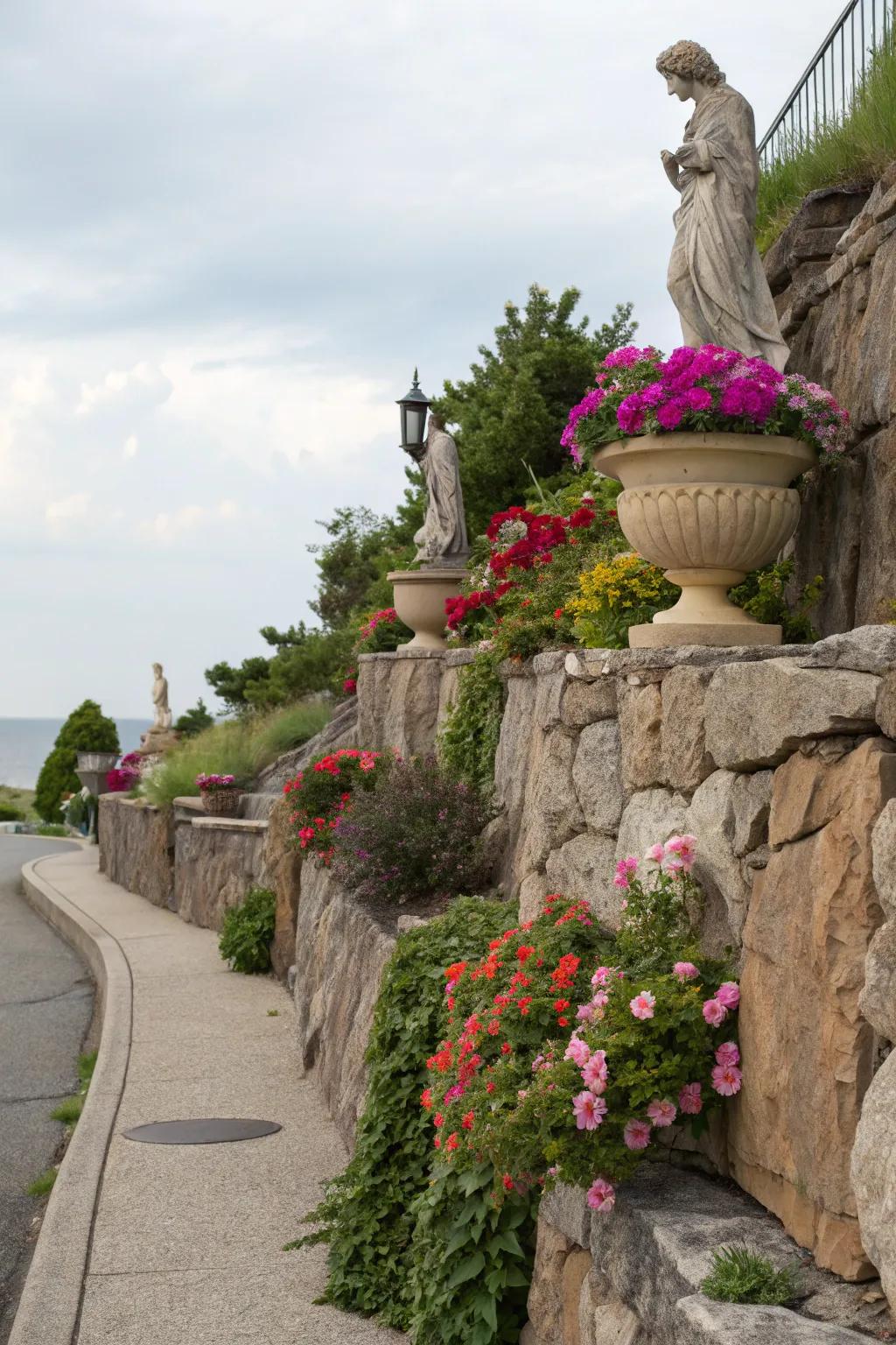 Ornamental accessories like sculptures and vessels lend charm to stone walls.