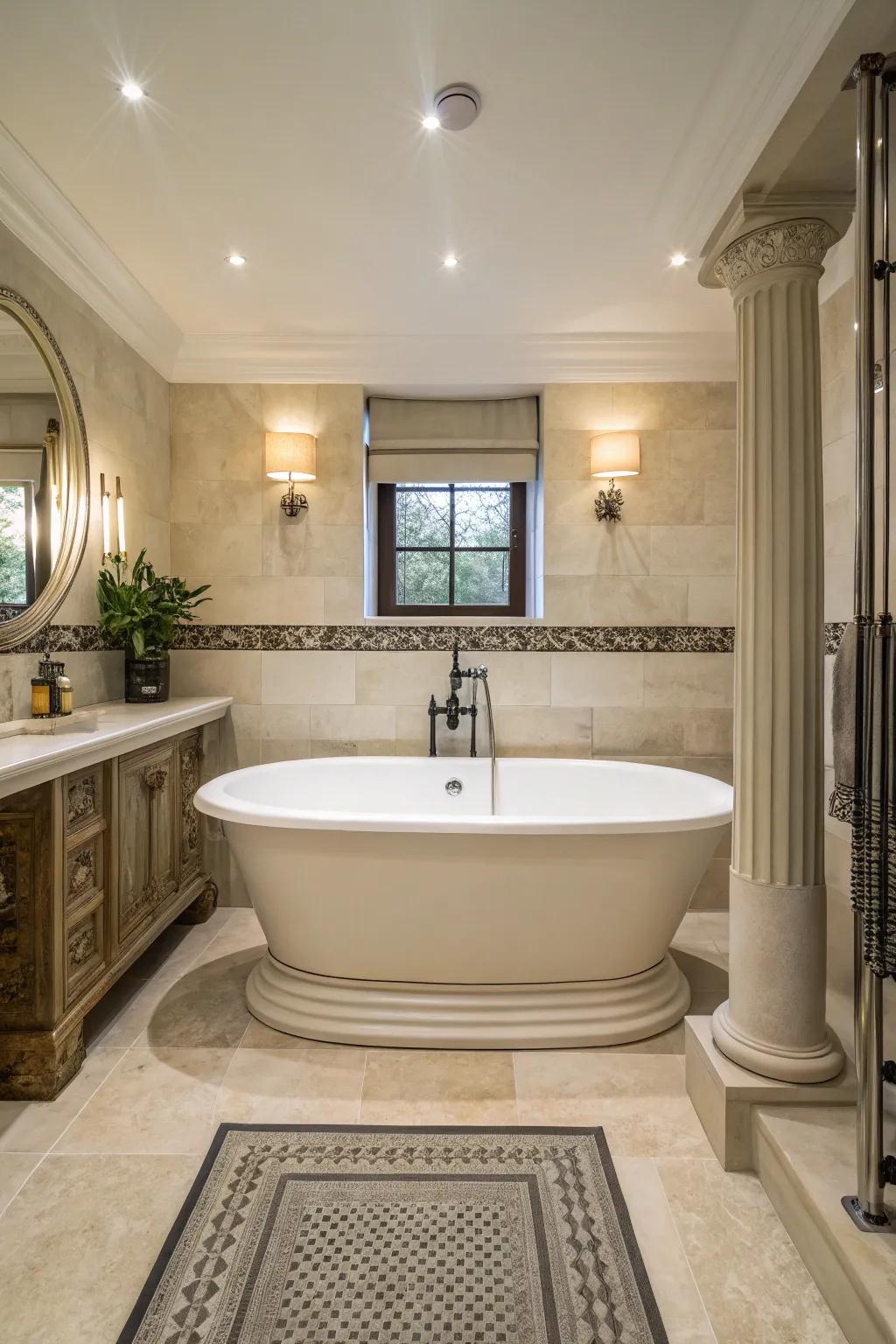A free-standing tub is the main focus in this spa.