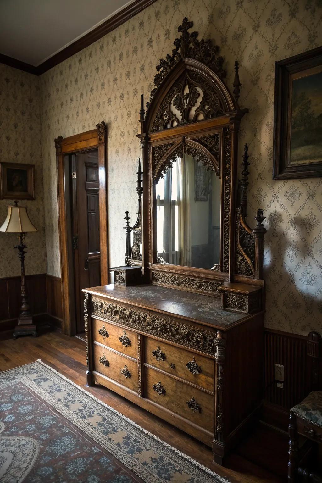 Vintage décor pieces bring ageless sophistication to a Victorian Gothic boudoir.
