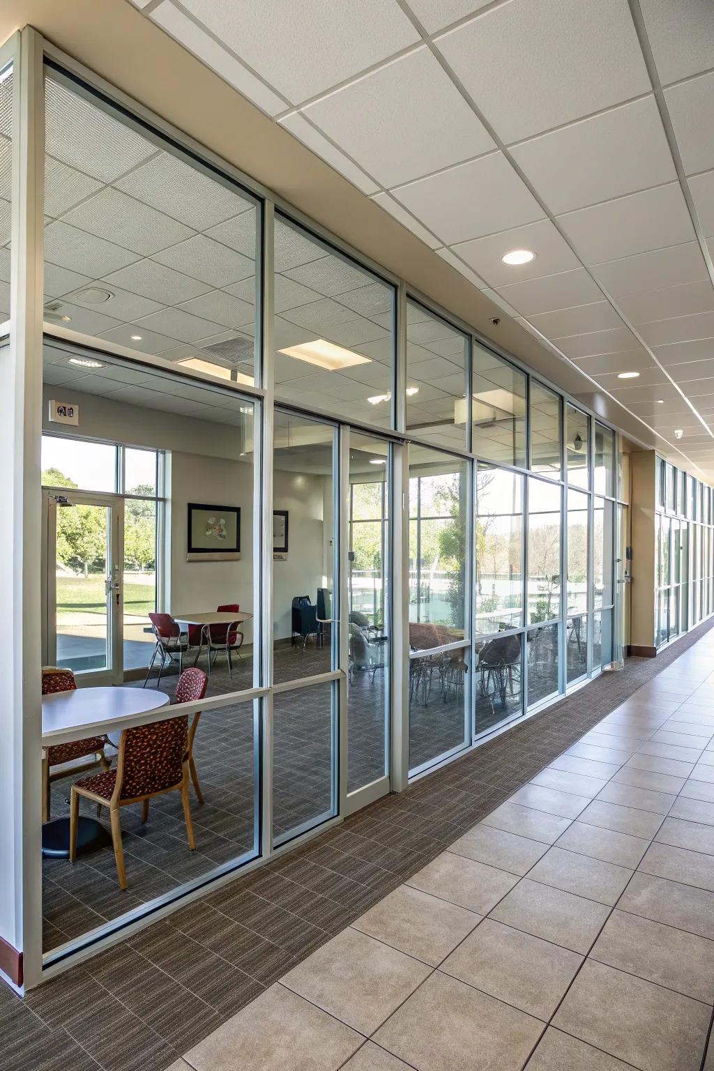A room featuring a half wall with glass segments, establishing an open yet distinct separation.