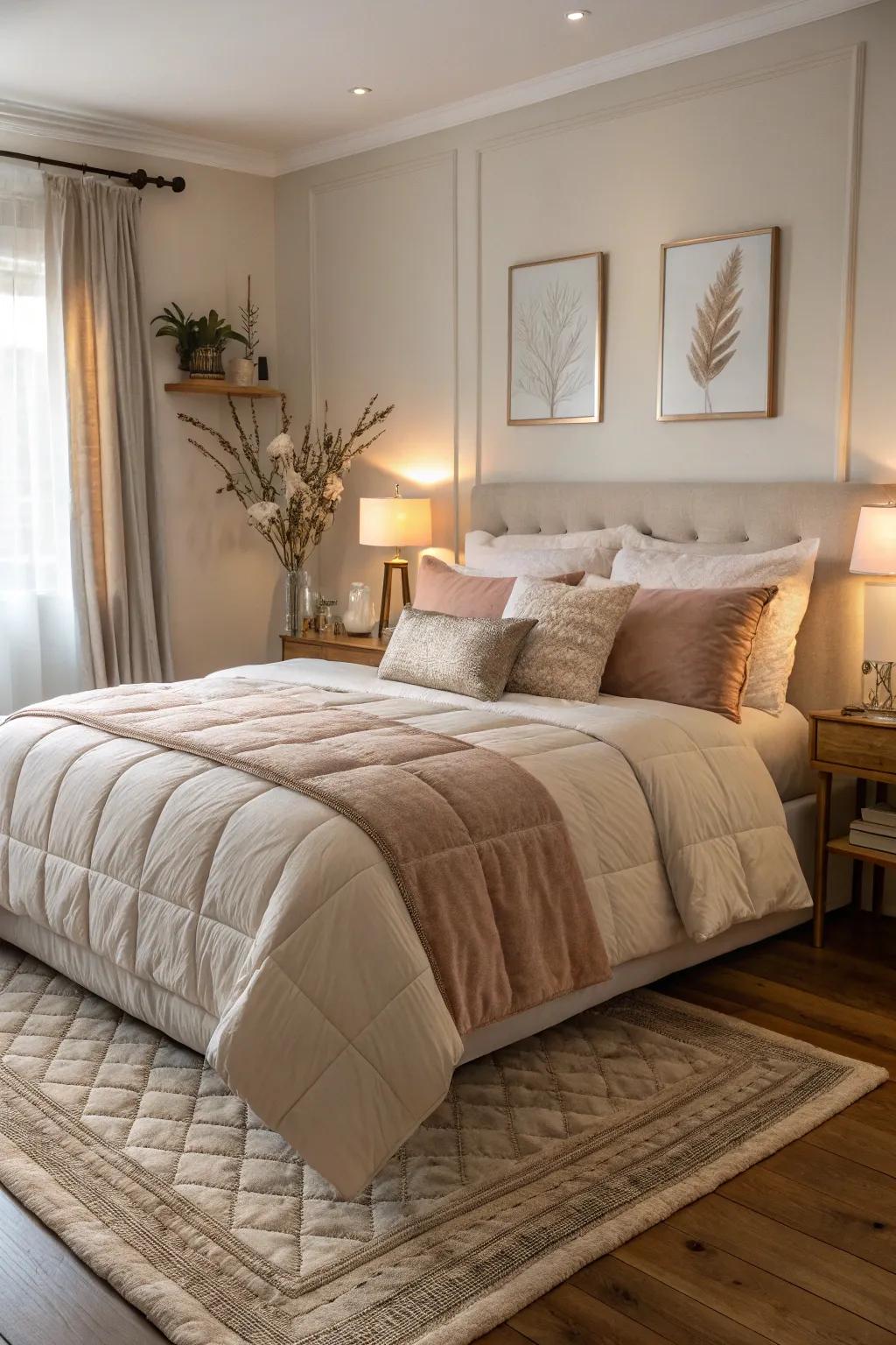 A bedroom that is made very comfortable by the inclusion of comfortable furniture and plush bedding.