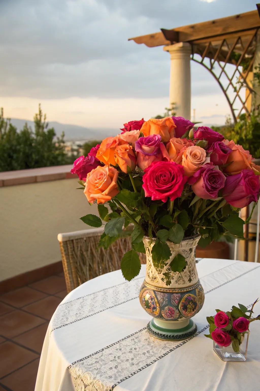 Audacious and vivacious via the integration of apricot and fuchsia roses.