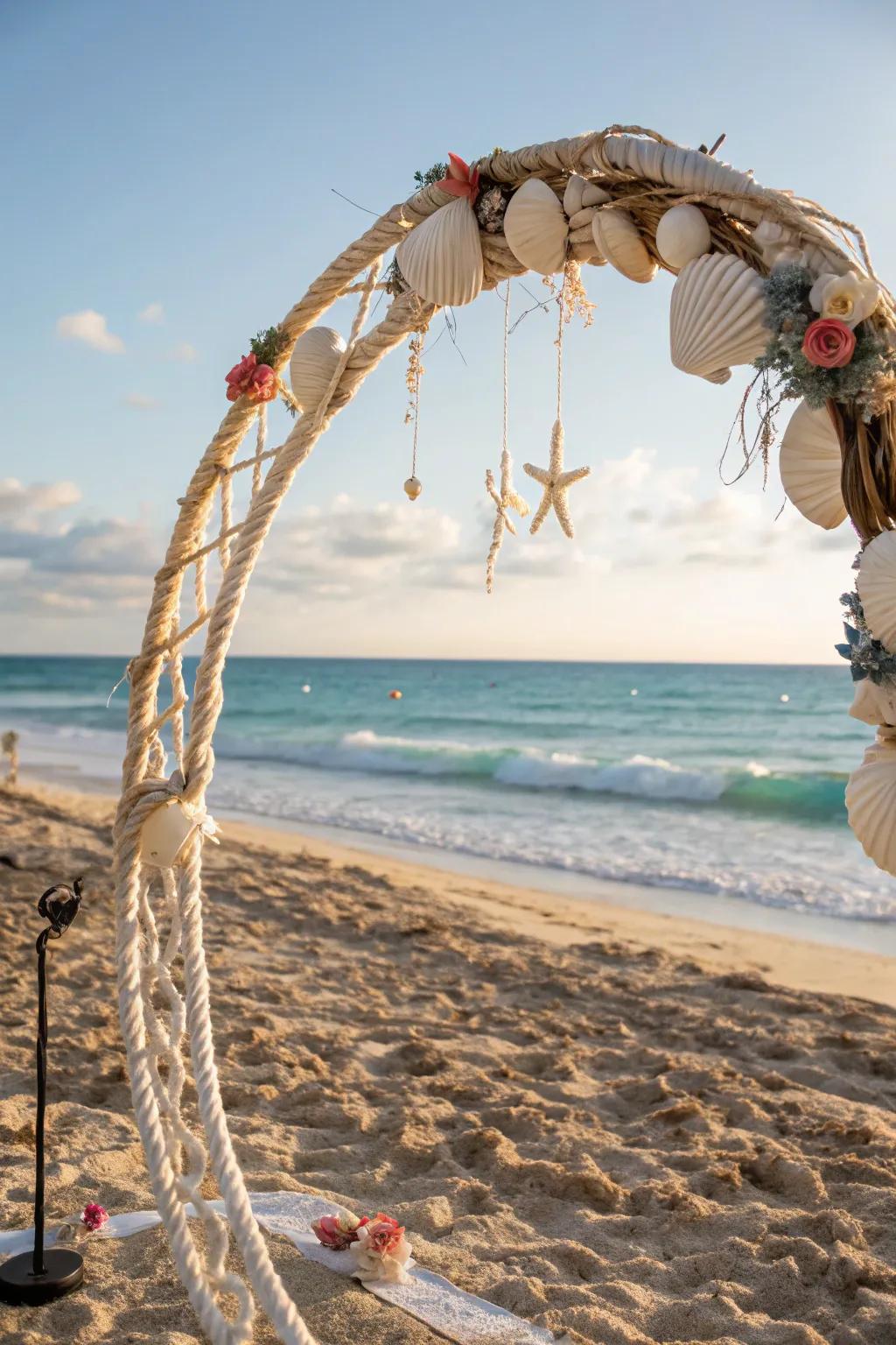A beachside arch enhanced with seashells, ideal for oceanfront ceremonies.