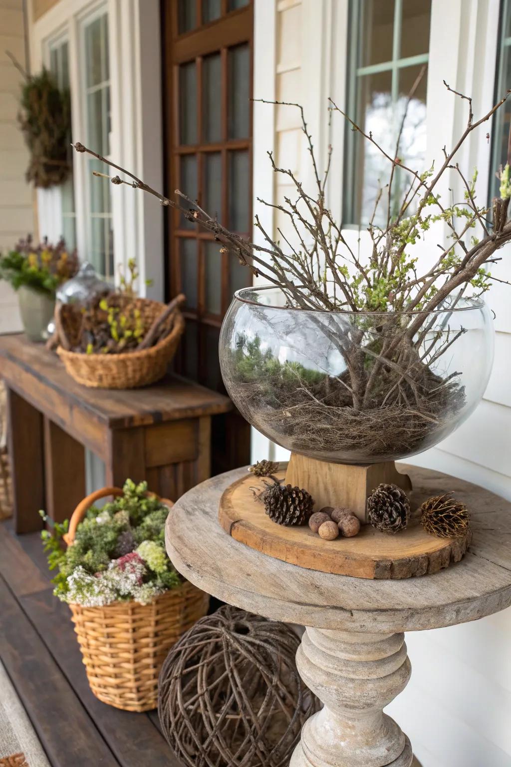 Natural objects similar to twigs bring rustic appeal to glass containers.