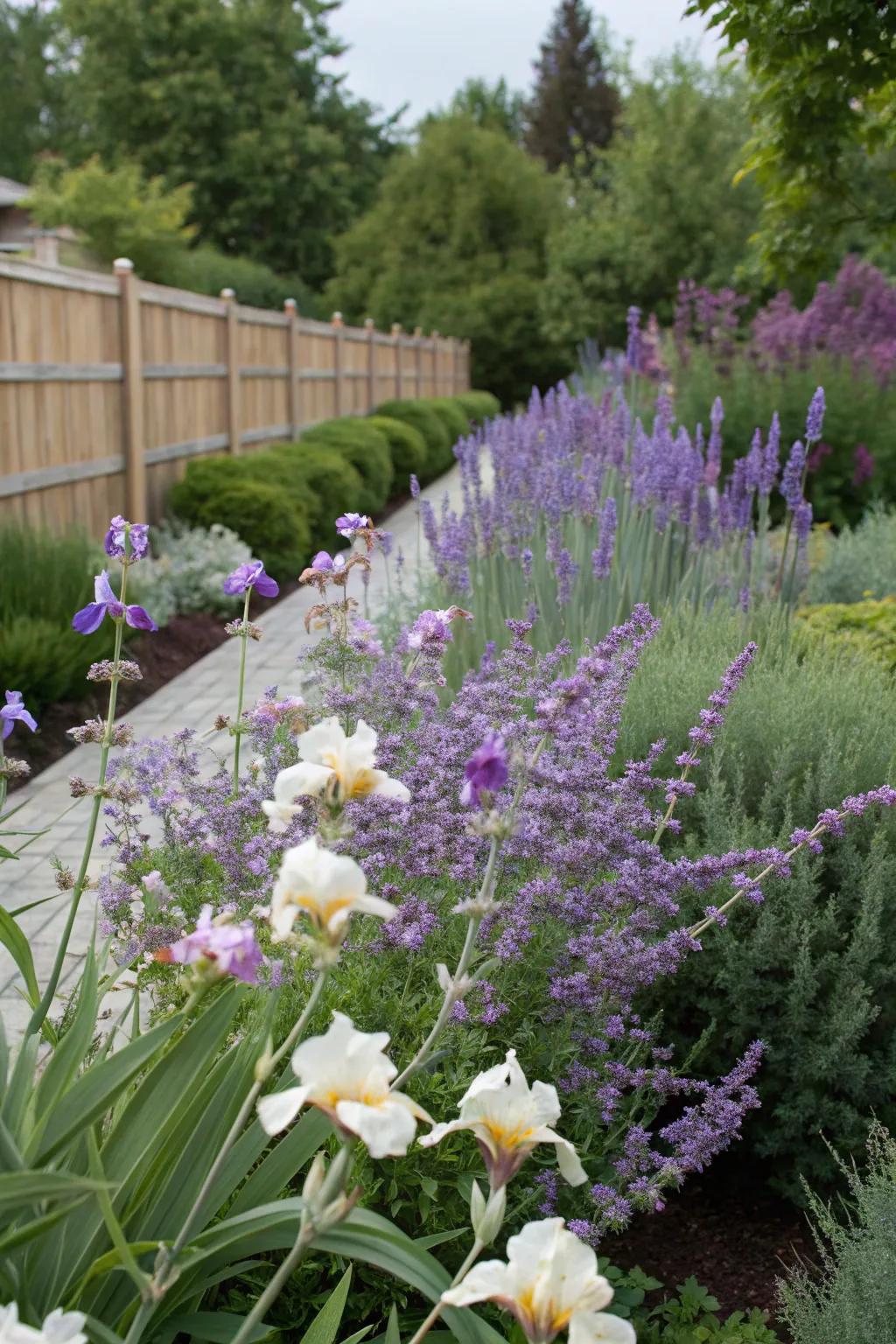 A garden with continuous color from bearded jewels and Azure Beauty.