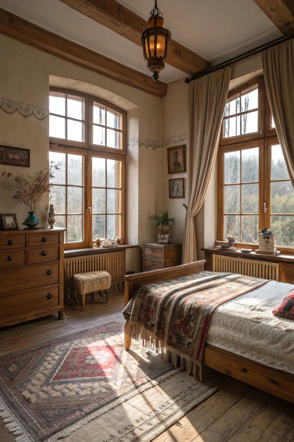 Sun exposure brightens and enlarges this countryside bedroom.