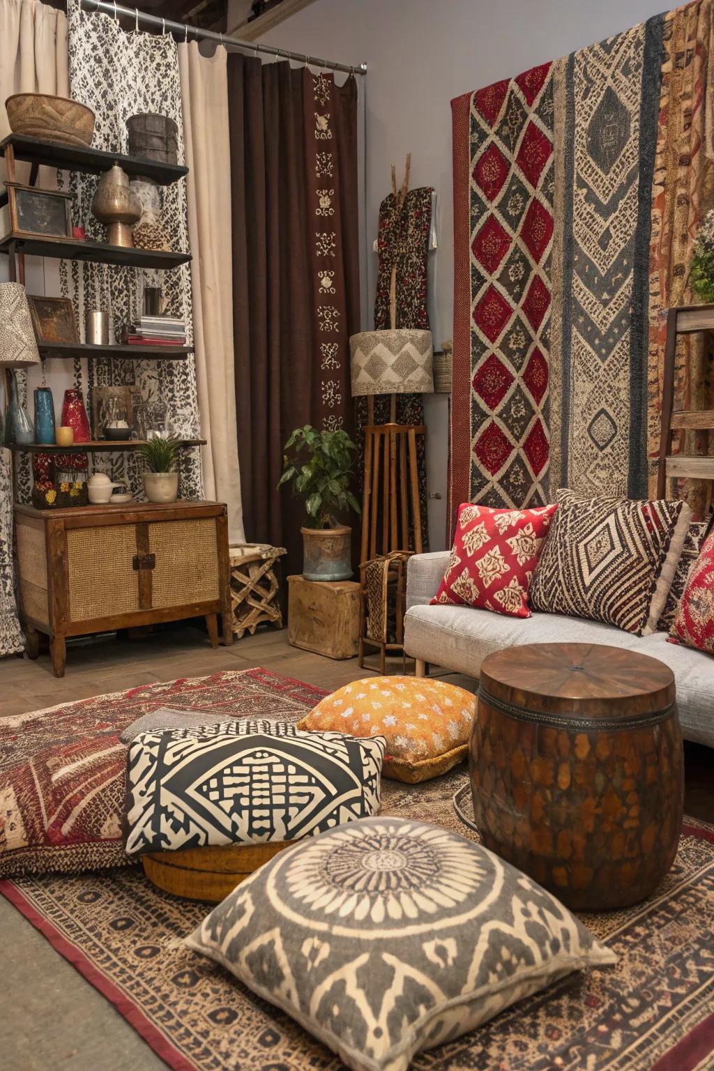Diverse décor with mixed patterns creates a personalized space.