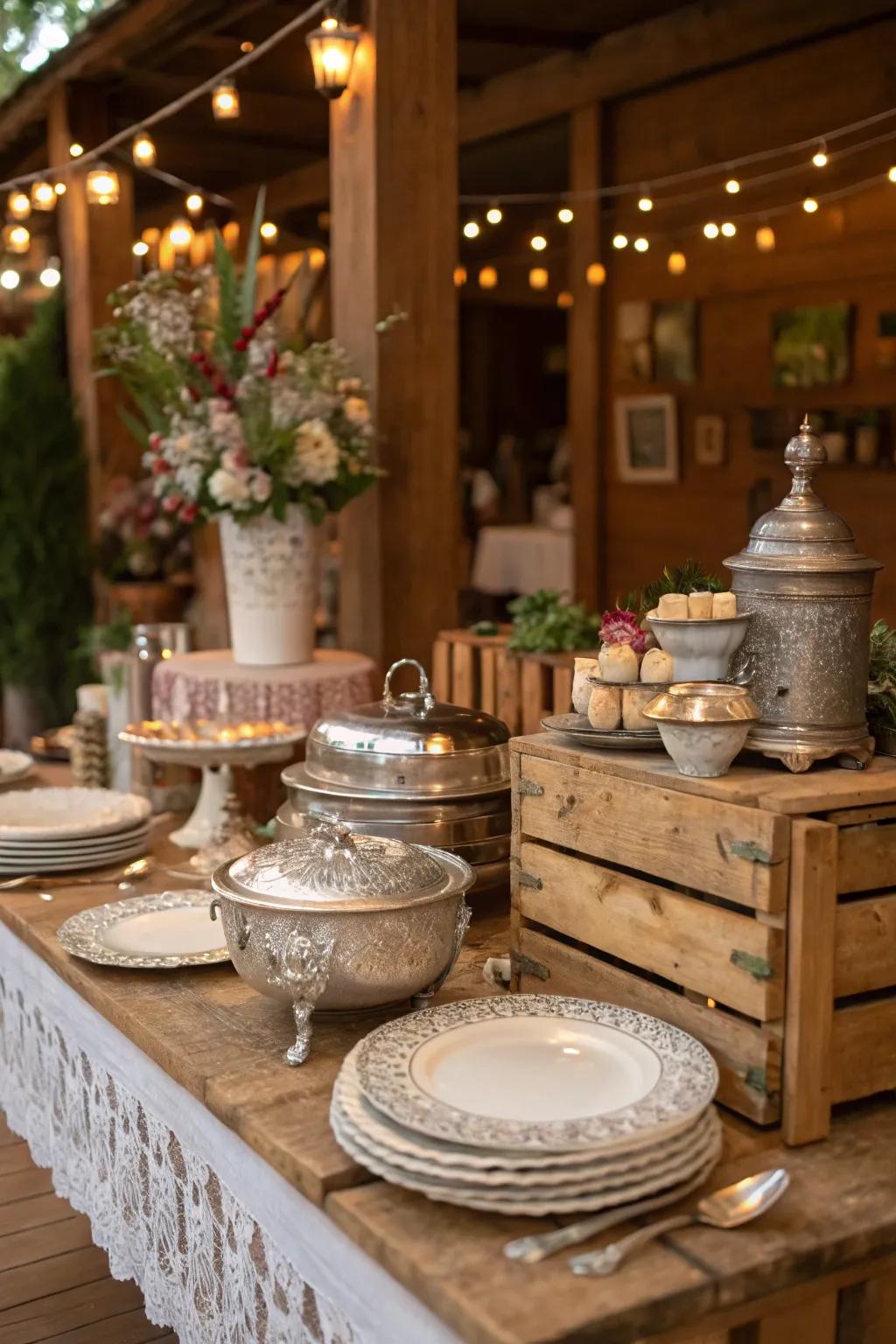 Vintage dinnerware introduces a distinctive charm to the country-style serving station.