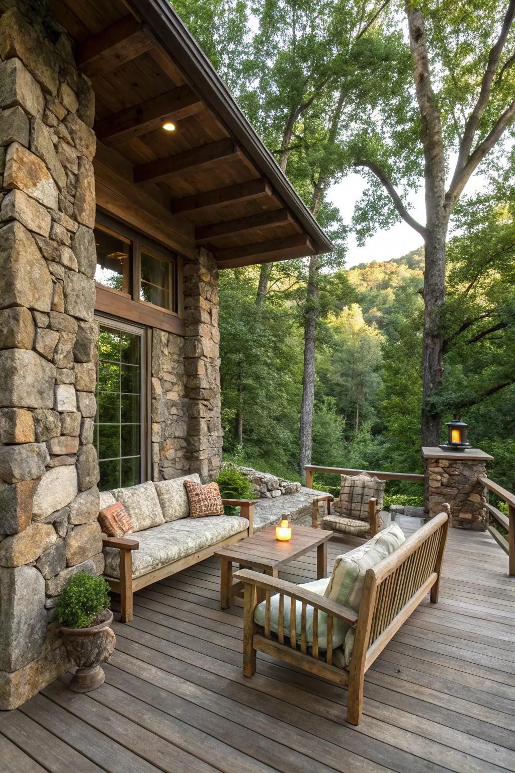 Stone accents provide texture and charm to this rustic deck.