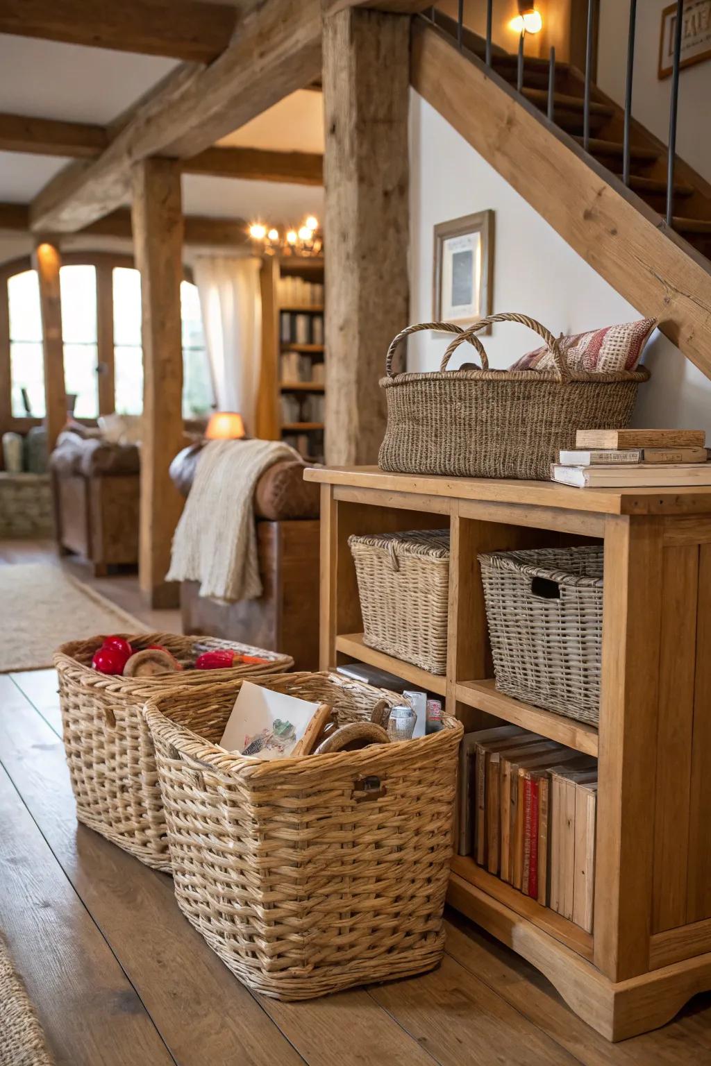 Living area featuring woven baskets for practical décor.
