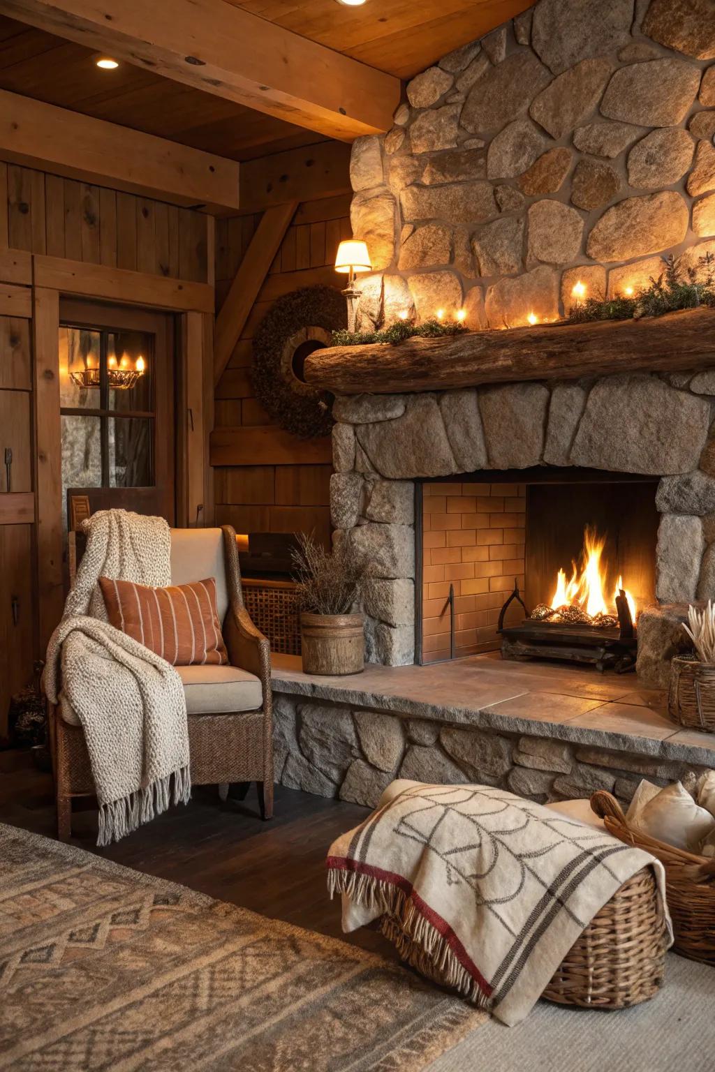 Deep earth tones complement the rustic appeal of this fireplace.