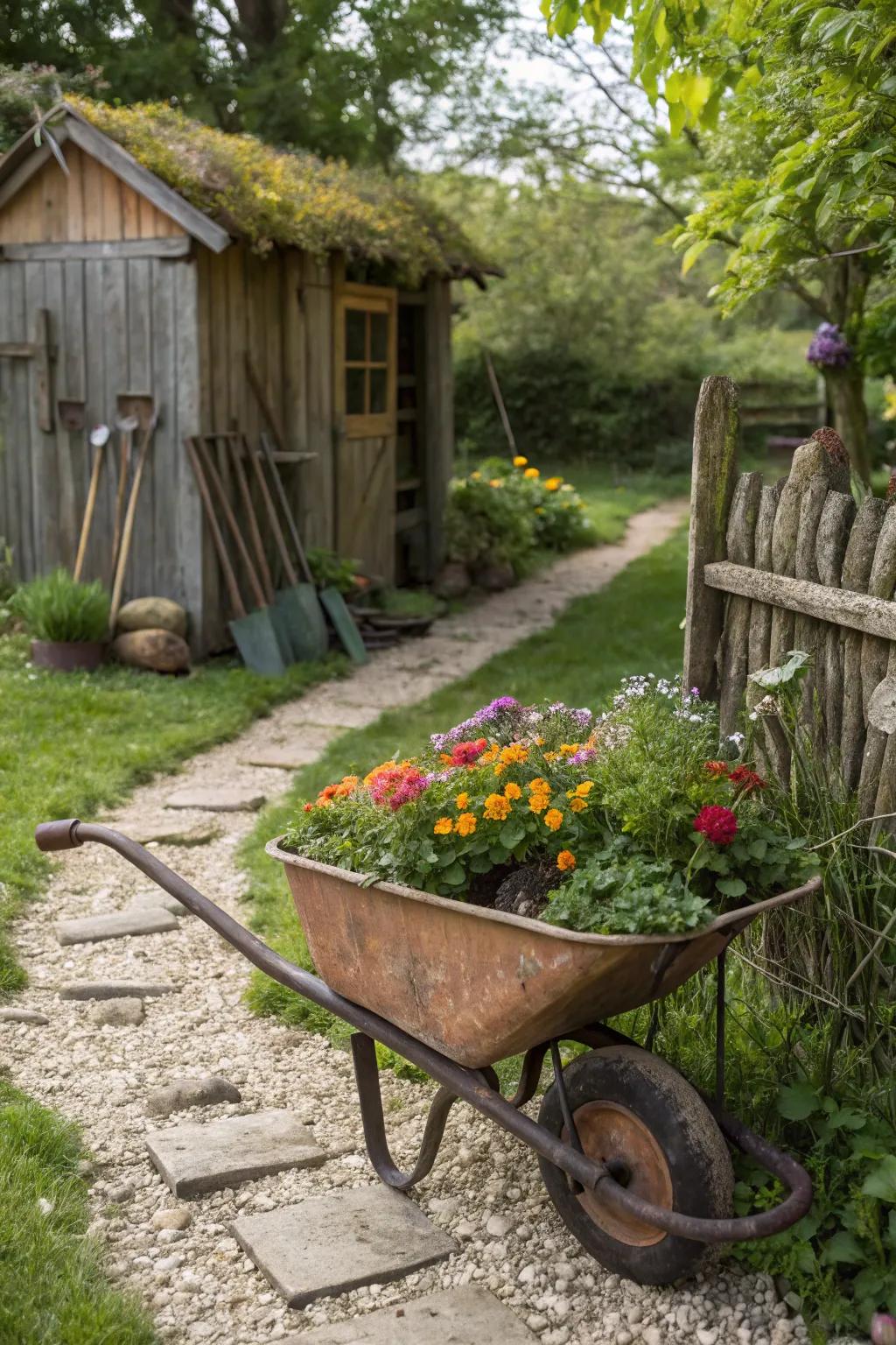 An antique barrow planter in a countryside garden.