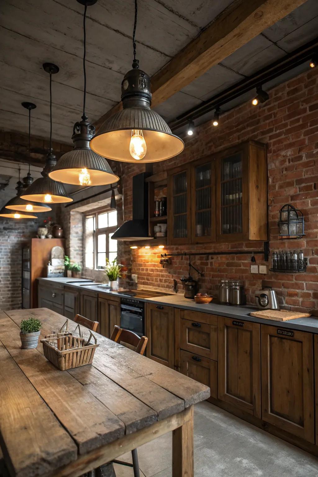 Industrial lighting delivers a bold and fashionable statement to rustic kitchens.