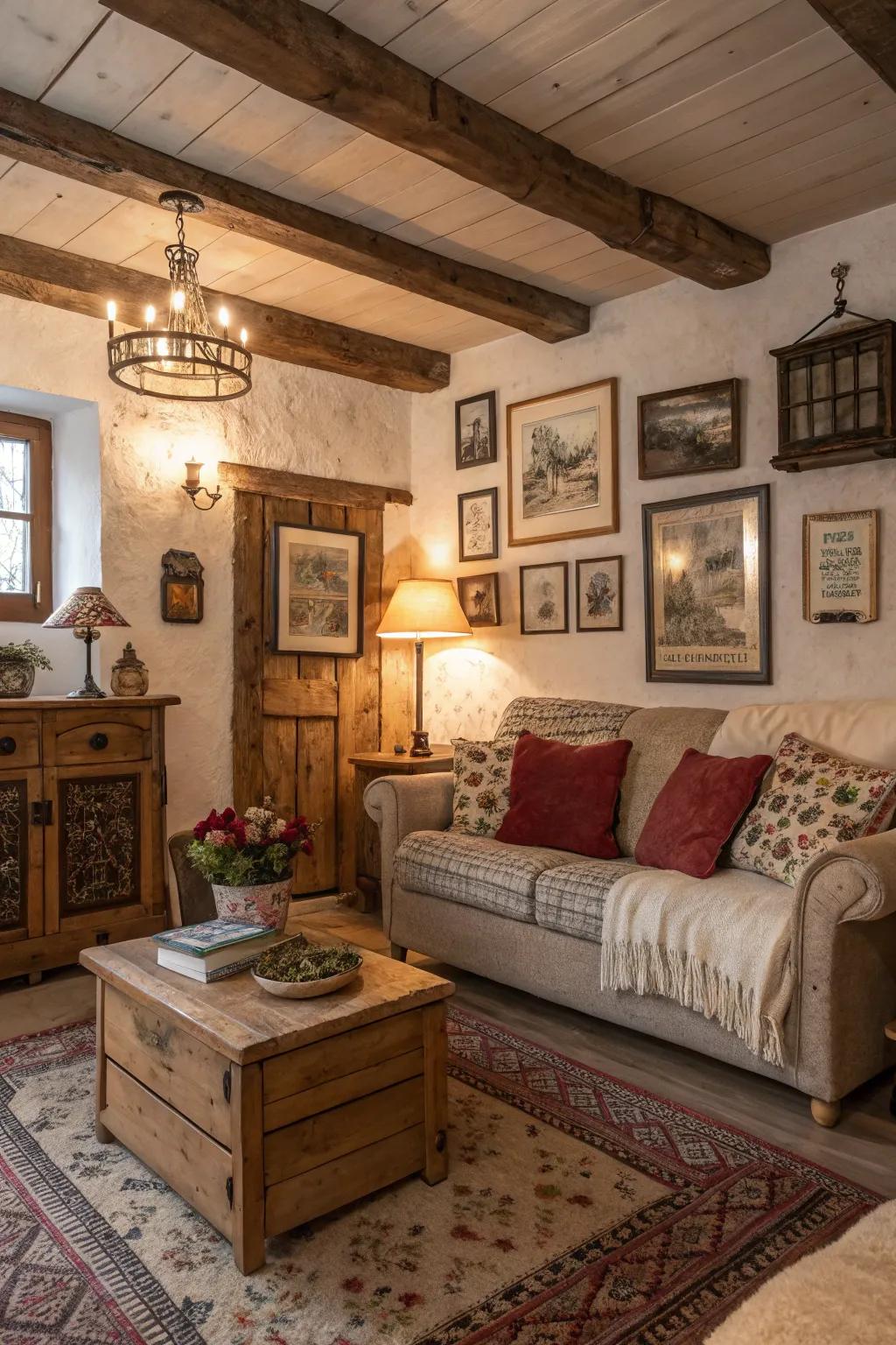 Vintage wall decor adds personality and history to rustic living spaces.