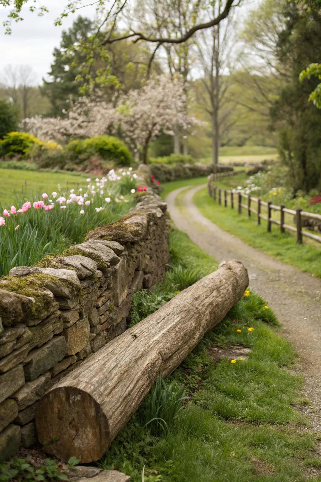 Timbers and rocks converge to create an unaffected, yet sophisticated boundary within a pastoral garden.
