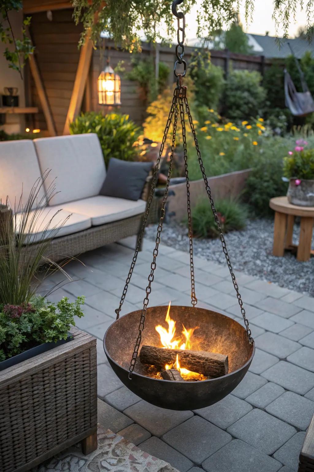 Improve your outdoor setting with a hanging fire bowl.