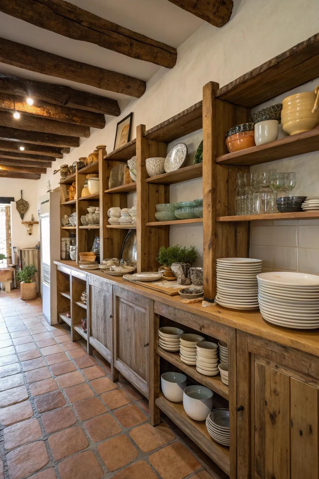 Exposed shelving showcases dishes and adds a homey touch.