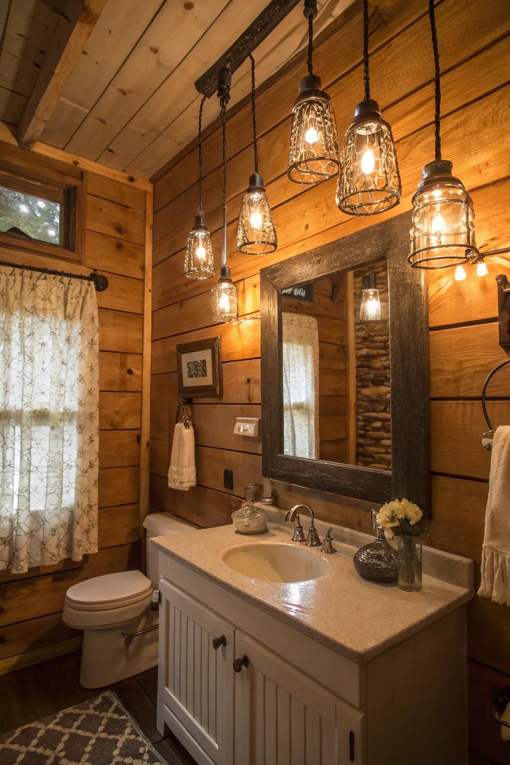 Canning jar lighting provides a warm, vintage vibe.