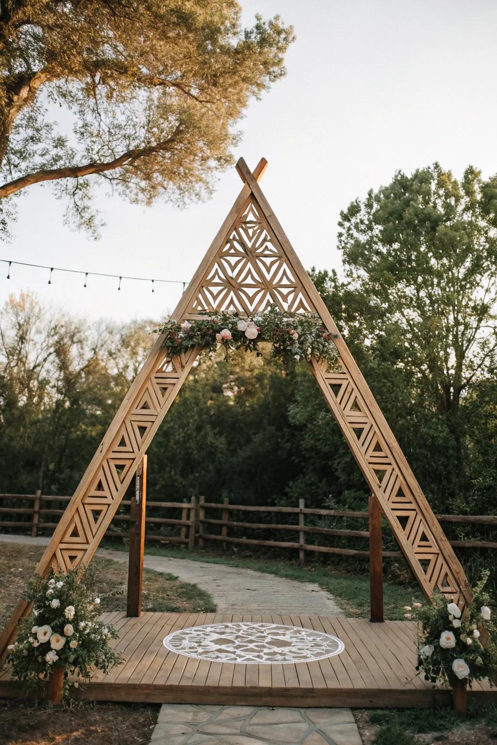 A modern rendition of countryside charm with this geometric triangular arch.