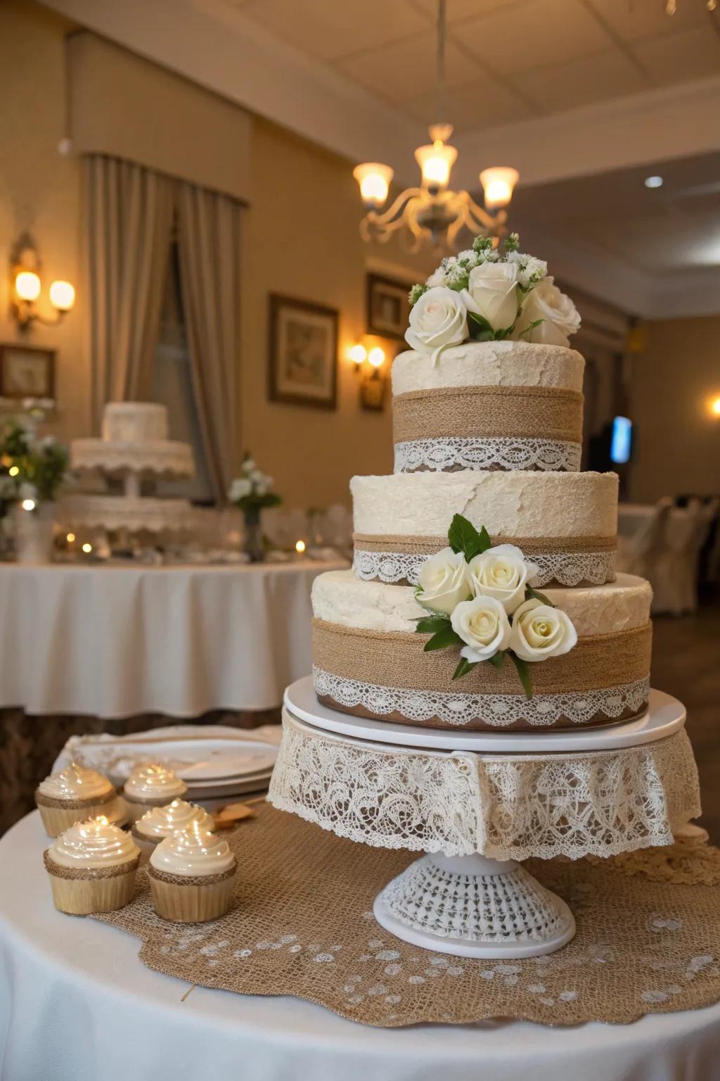 Burlap and lace accents add elegance to a rustic cake stand.