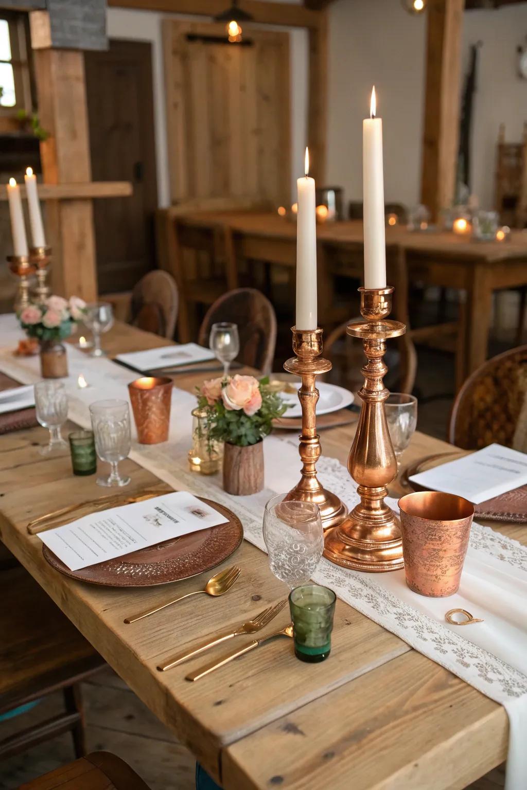 Blended metal embellishments enhancing the countryside class of the main table.