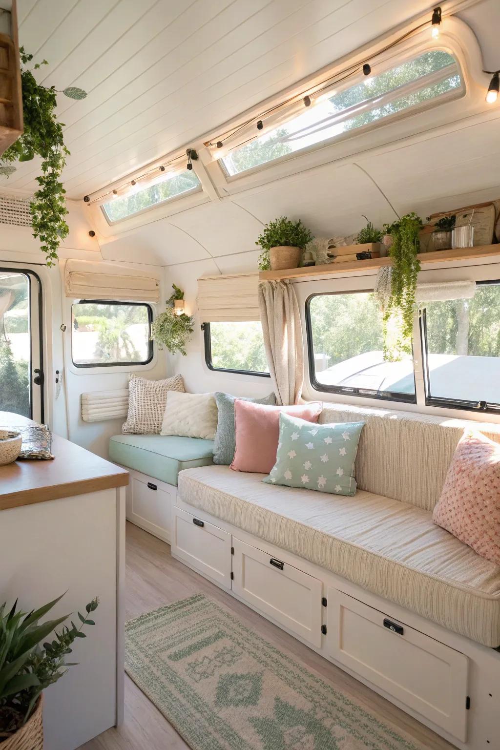 Light colors and strategic lighting create a spacious, airy atmosphere.