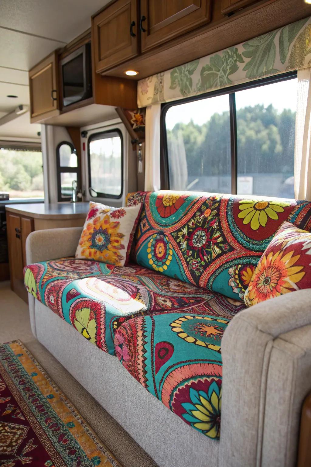 Patterned slipcovers freshen up the appearance of your RV's interior.