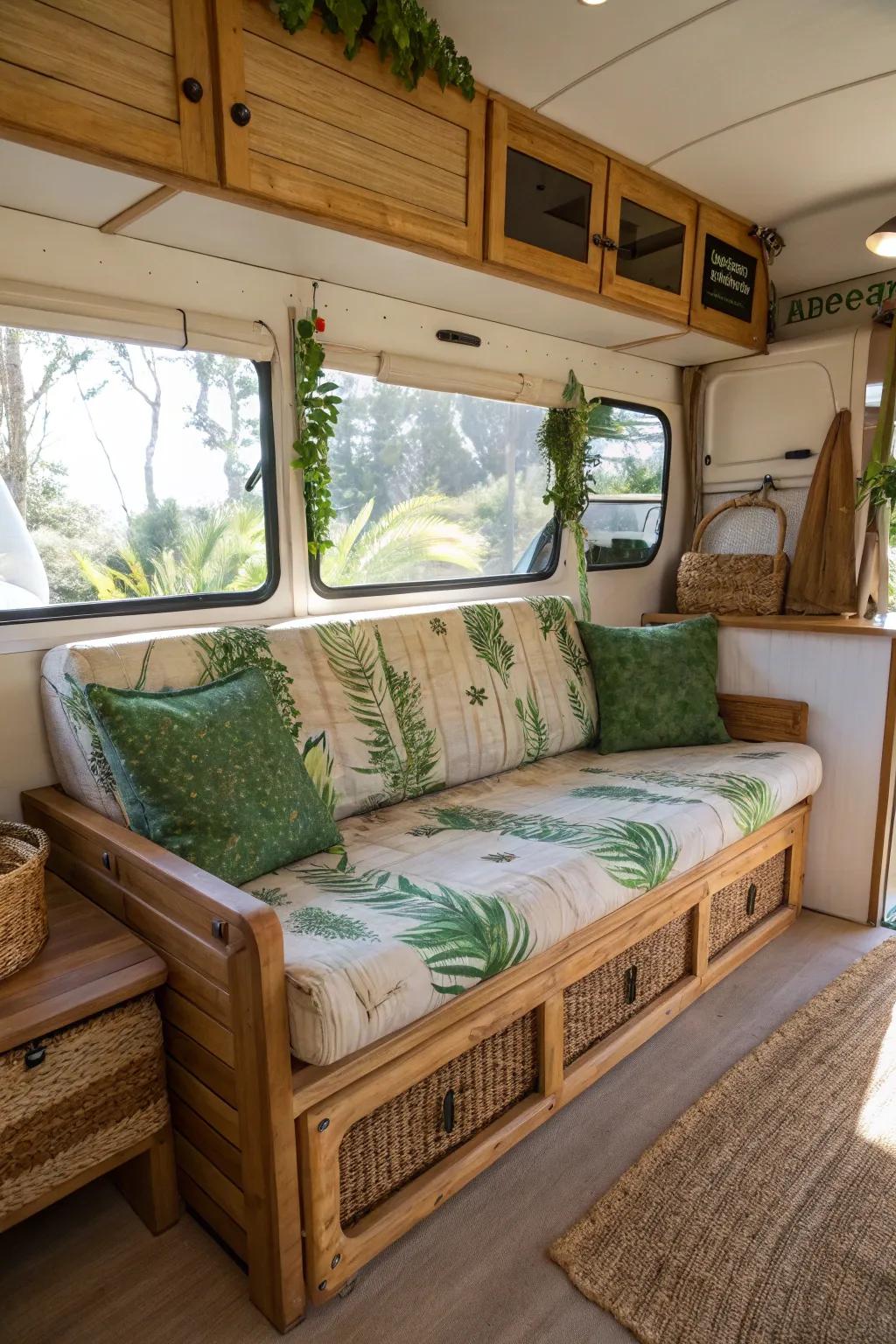 Eco-conscious couches contribute to a sustainable RV lifestyle.