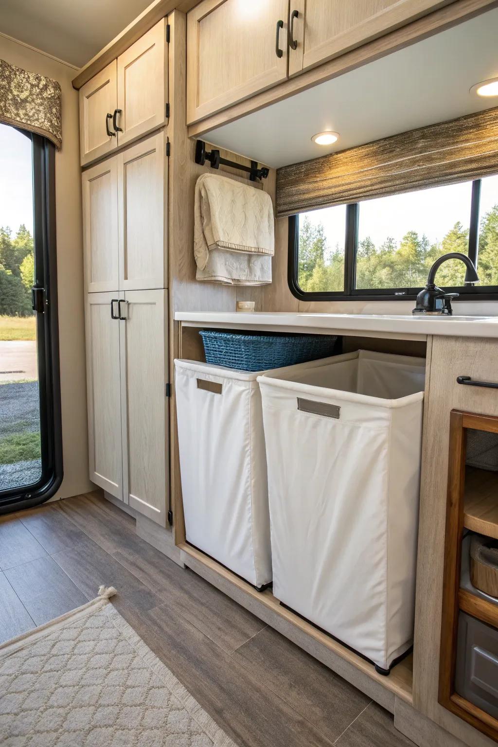 A custom cabinet perfectly tailored for a laundry hamper in an RV.