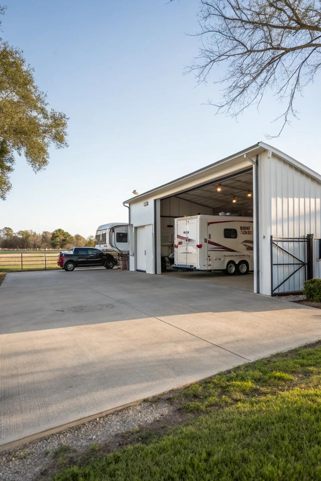 A roomy RV shelter that can hold more than just one vehicle.