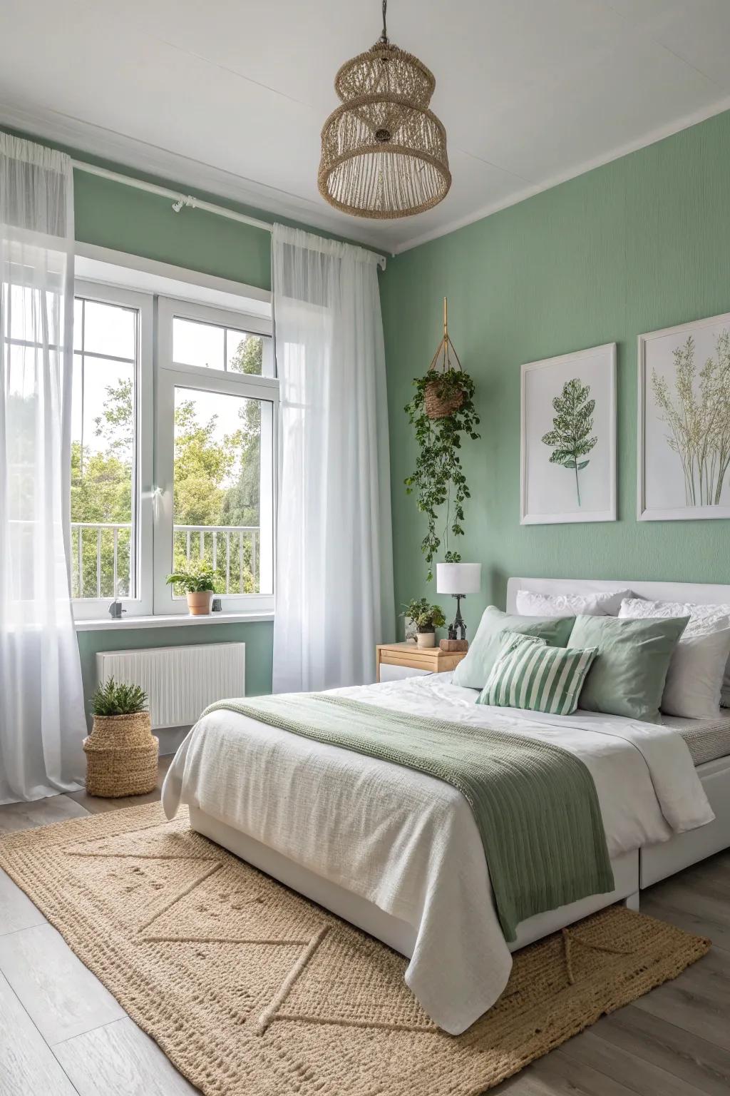 A soft green and white scheme fashions a fresh, tranquil atmosphere.