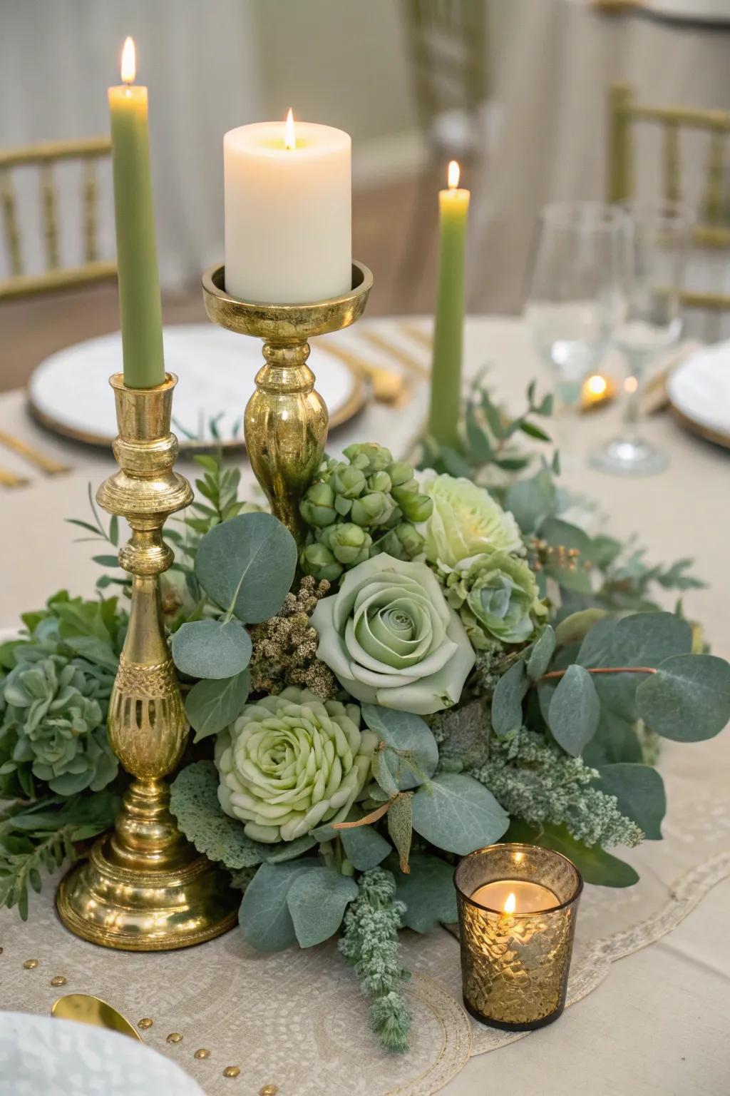 Sage green alongside gold introduces a sophisticated element to any table.