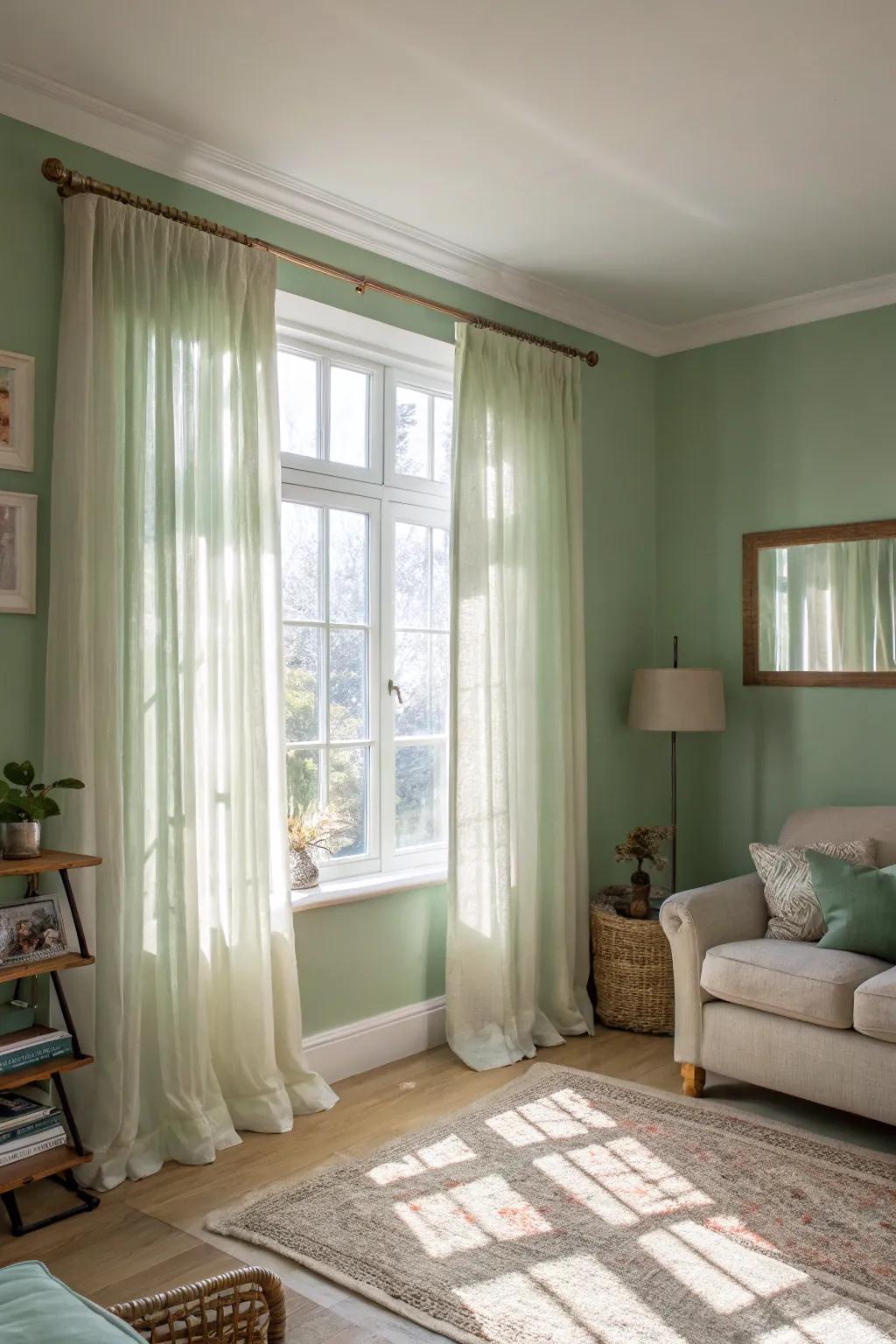 Sunlight enhances the peaceful qualities of sage green walls.