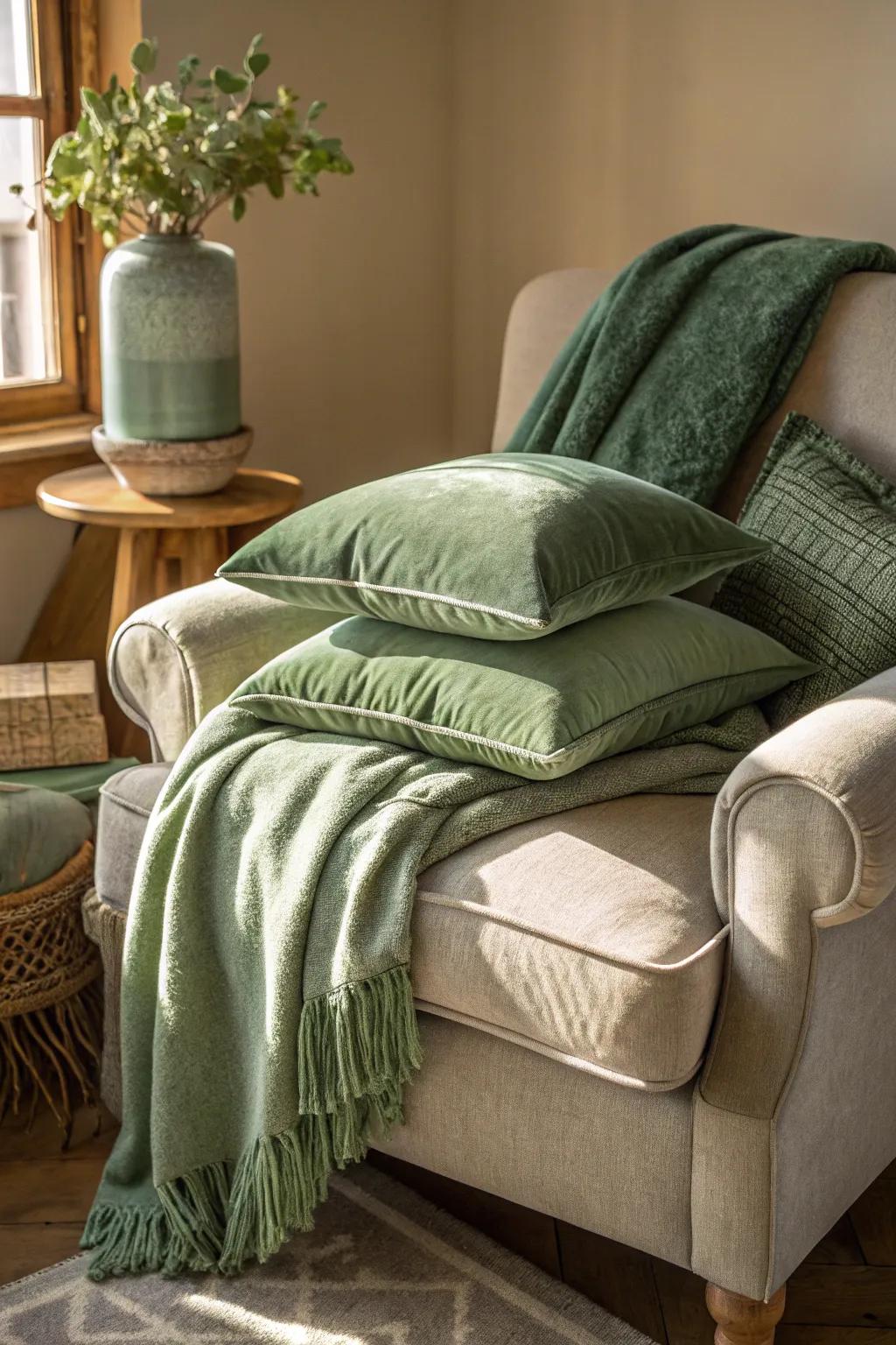A cozy nook featuring layered sage green textures.