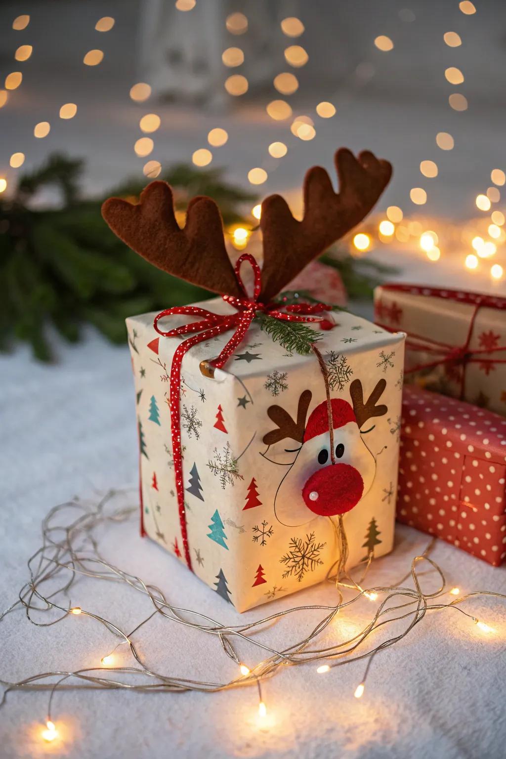 A Rudolph element incorporates additional charm to a Santa’s container.