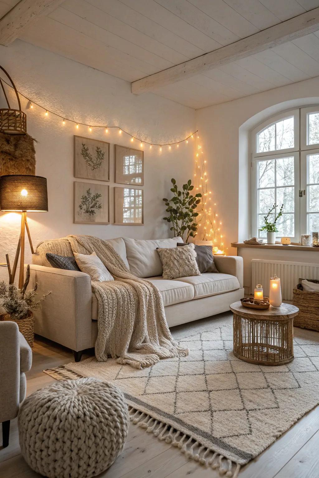 Textural variety with wool and linen adds coziness to the Scandinavian living room.