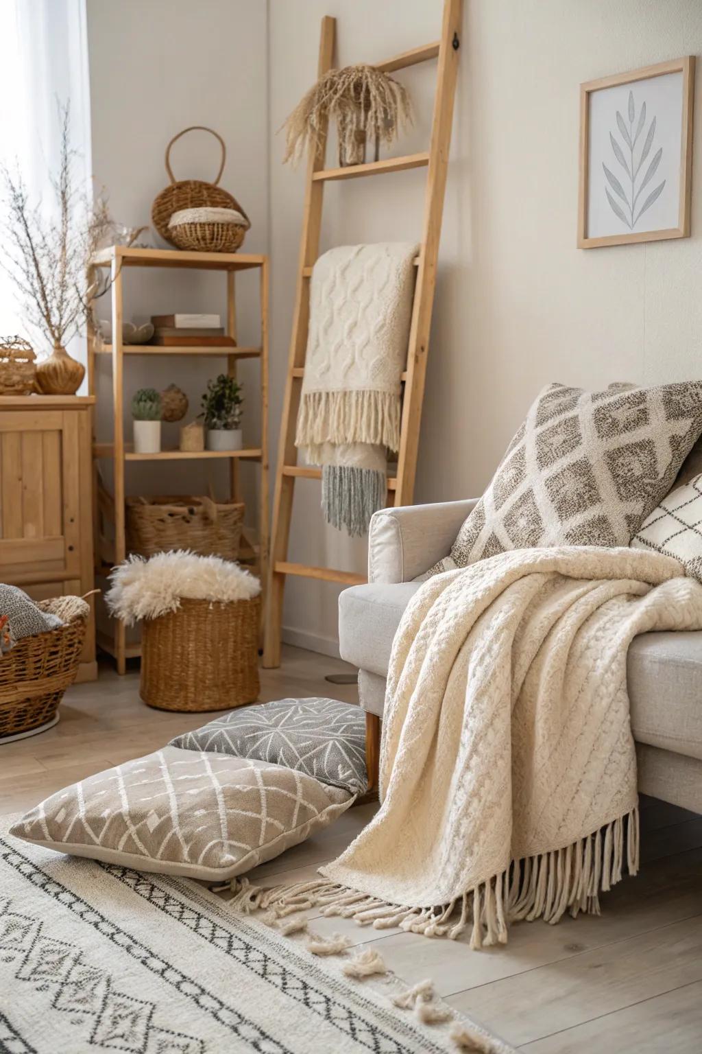 Snug textiles soften this Scandinavian interior.