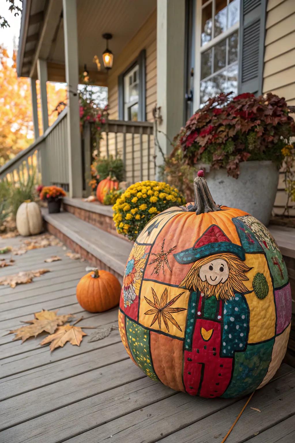 Textile designs bring zest to this scarecrow pumpkin.