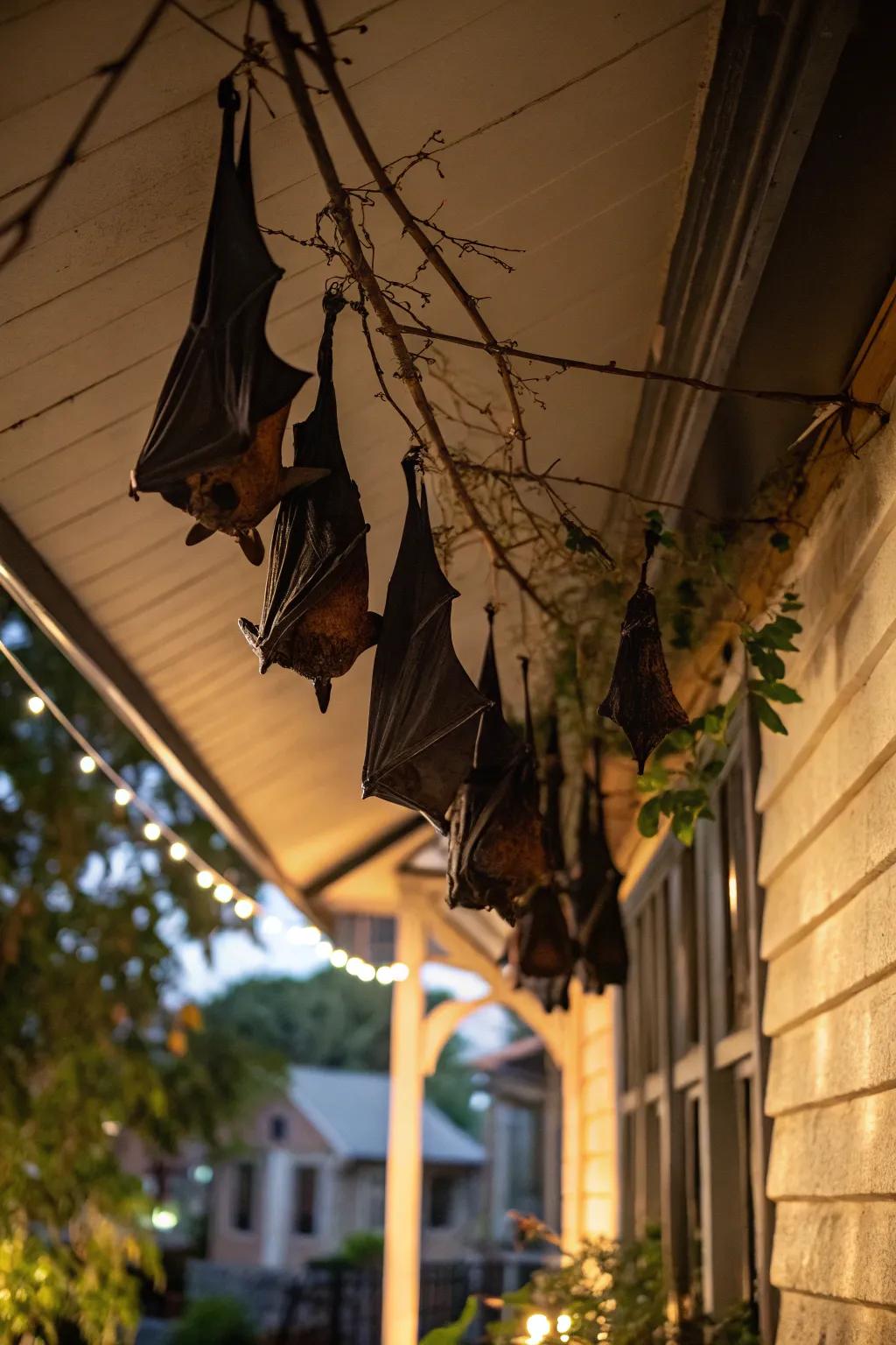 Bats hang mysteriously from the deck overhang, about to take off.